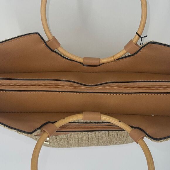 Be Dazzled Womens 2-Way Two-Tone Round Bamboo Handle Straw Satchel Bag NWT - Picture 4 of 9